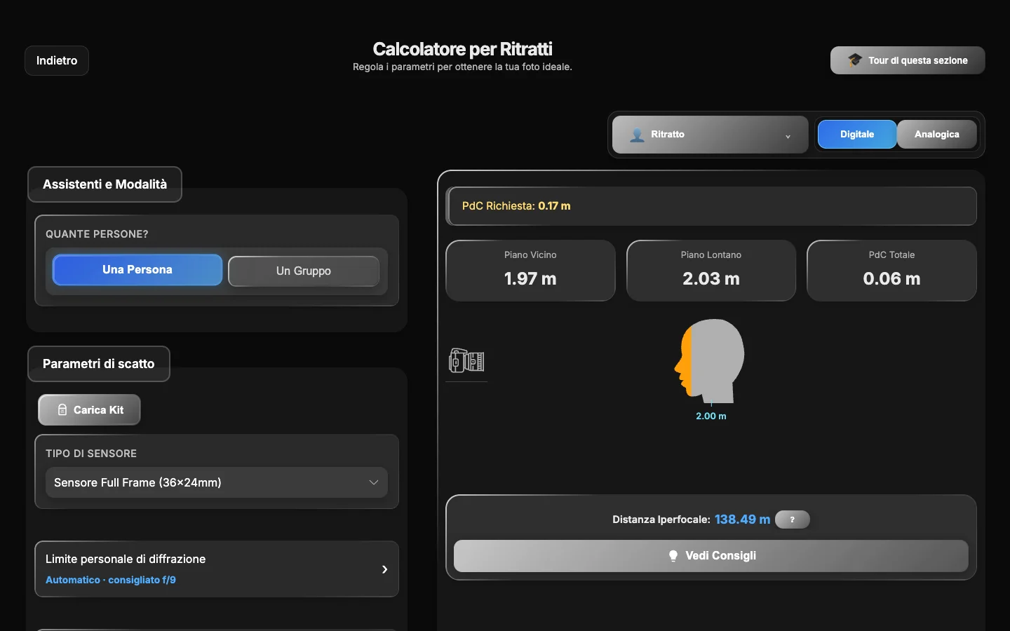 Calcoli di messa a fuoco e alternative in ShotPlanner